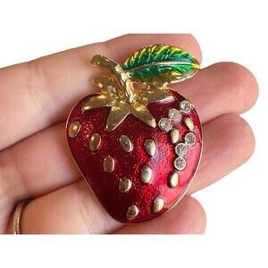 Vintage Couture Danecraft Strawberry Red Enamel Gold tone Brooch